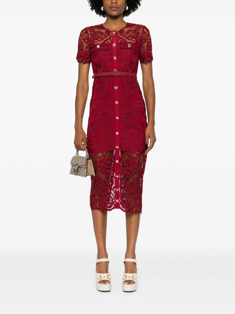 Abito midi in pizzo in bordeaux Self-Portrait - donna
