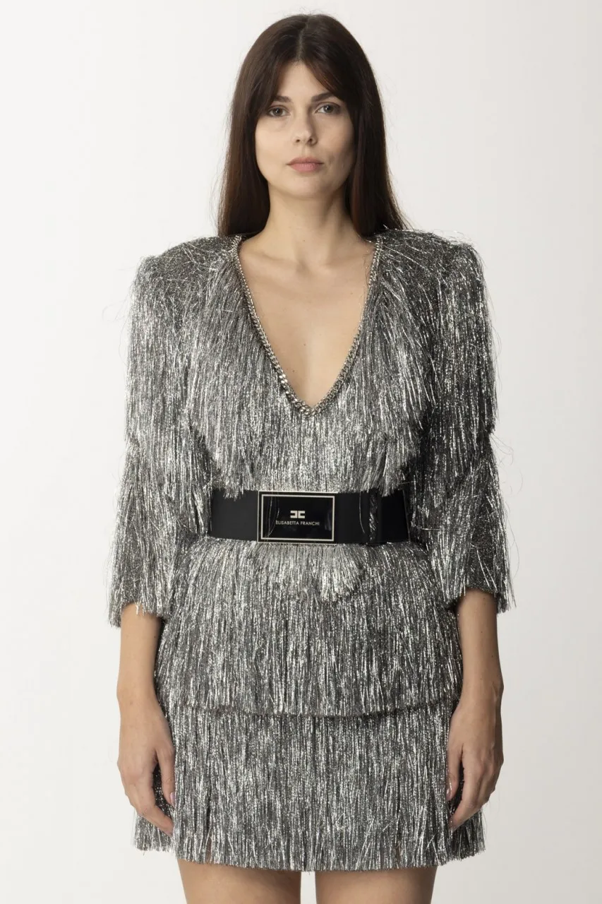 Abito mini in tweed lurex con frange PIOMBO