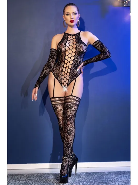 Bodystocking aperta con guanti  INT633  nero