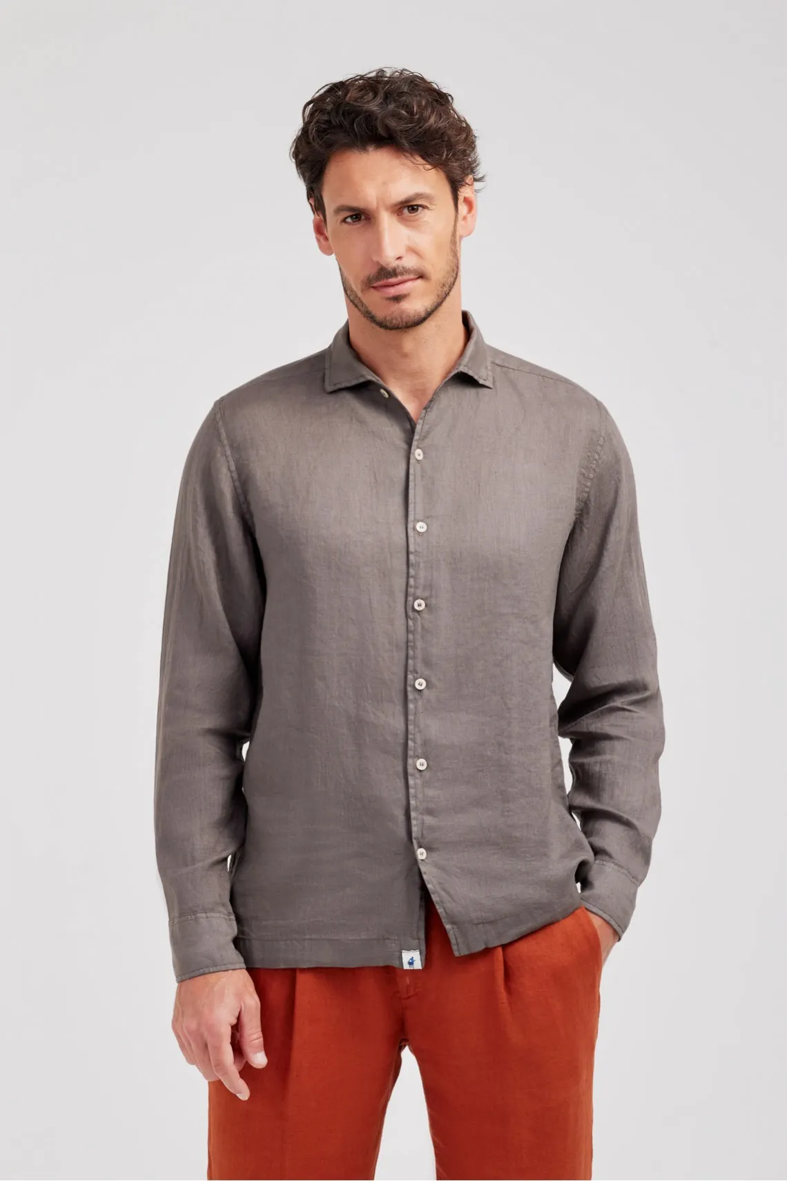 CAMICIA COLLO PARAMONTURA  LINO MARRONE
