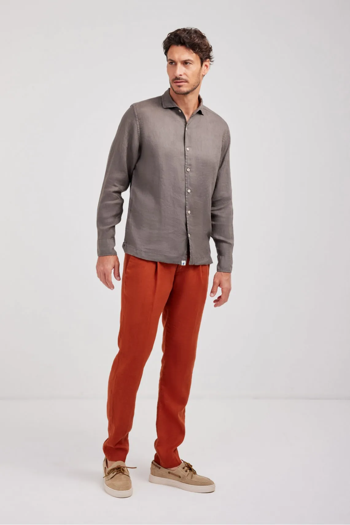 CAMICIA COLLO PARAMONTURA  LINO MARRONE