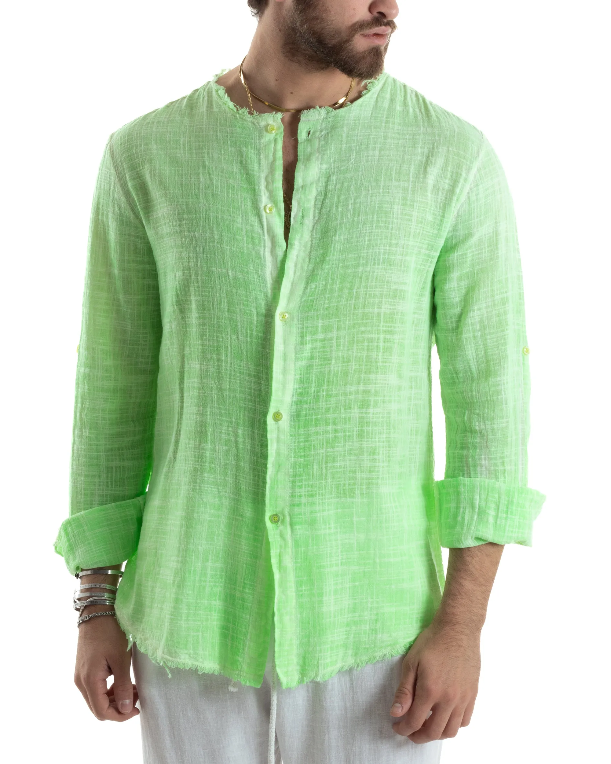 Camicia Uomo Sfrangiata Cotone Lino Manica Lunga Tinta Unita Verde Fluo GIOSAL-C2836A