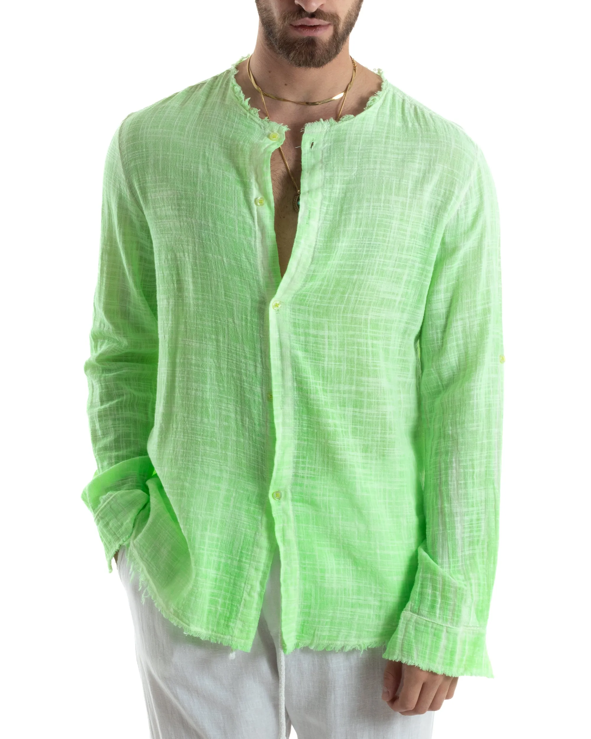 Camicia Uomo Sfrangiata Cotone Lino Manica Lunga Tinta Unita Verde Fluo GIOSAL-C2836A