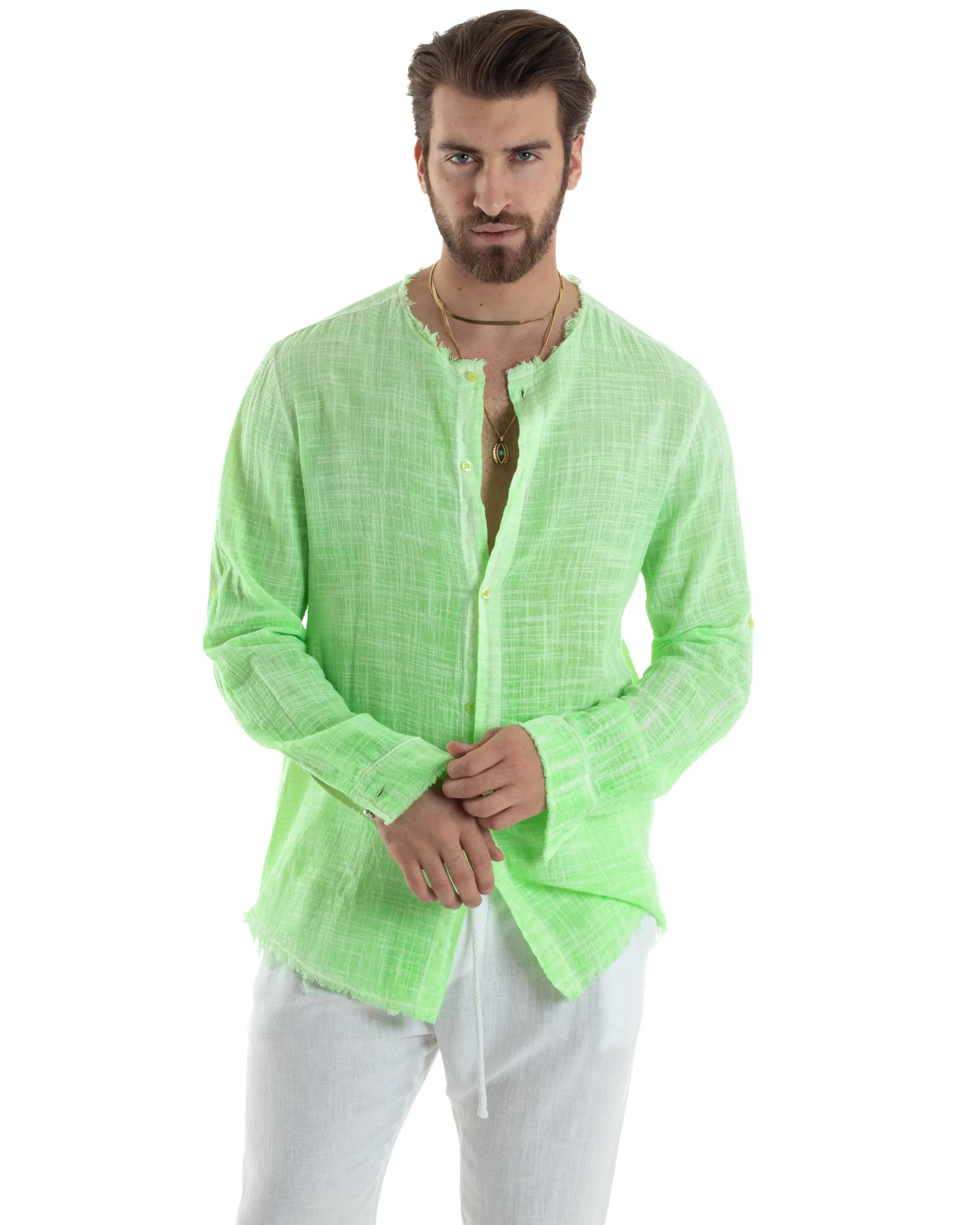 Camicia Uomo Sfrangiata Cotone Lino Manica Lunga Tinta Unita Verde Fluo GIOSAL-C2836A