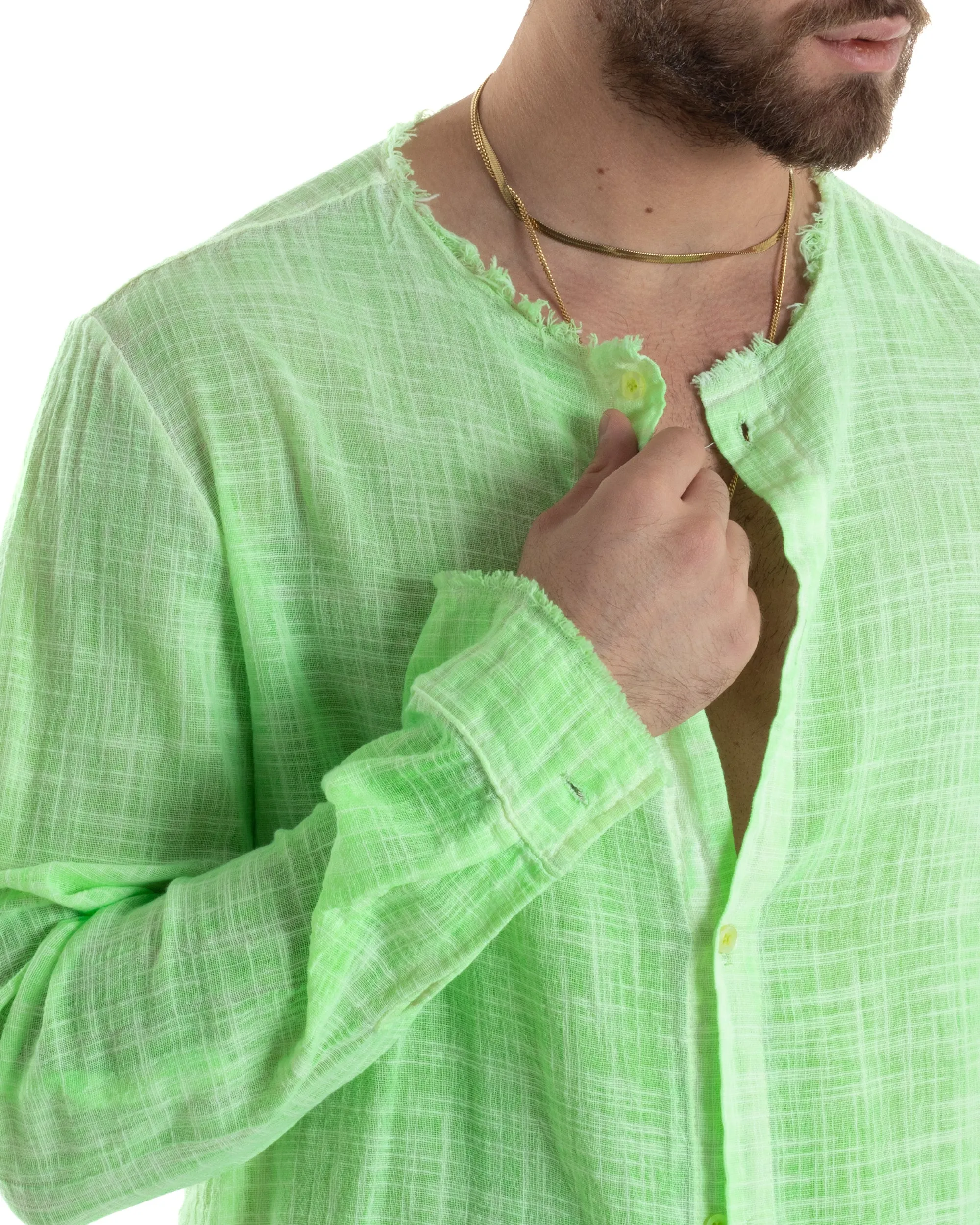Camicia Uomo Sfrangiata Cotone Lino Manica Lunga Tinta Unita Verde Fluo GIOSAL-C2836A
