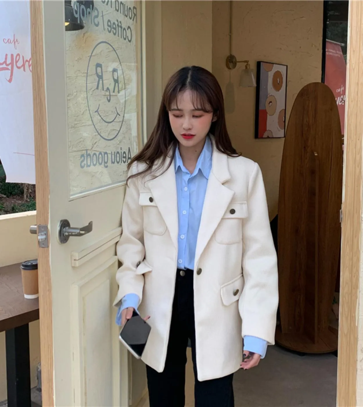 Cappotto da donna in velluto a coste monopetto allentato causale a maniche lunghe senza blazer