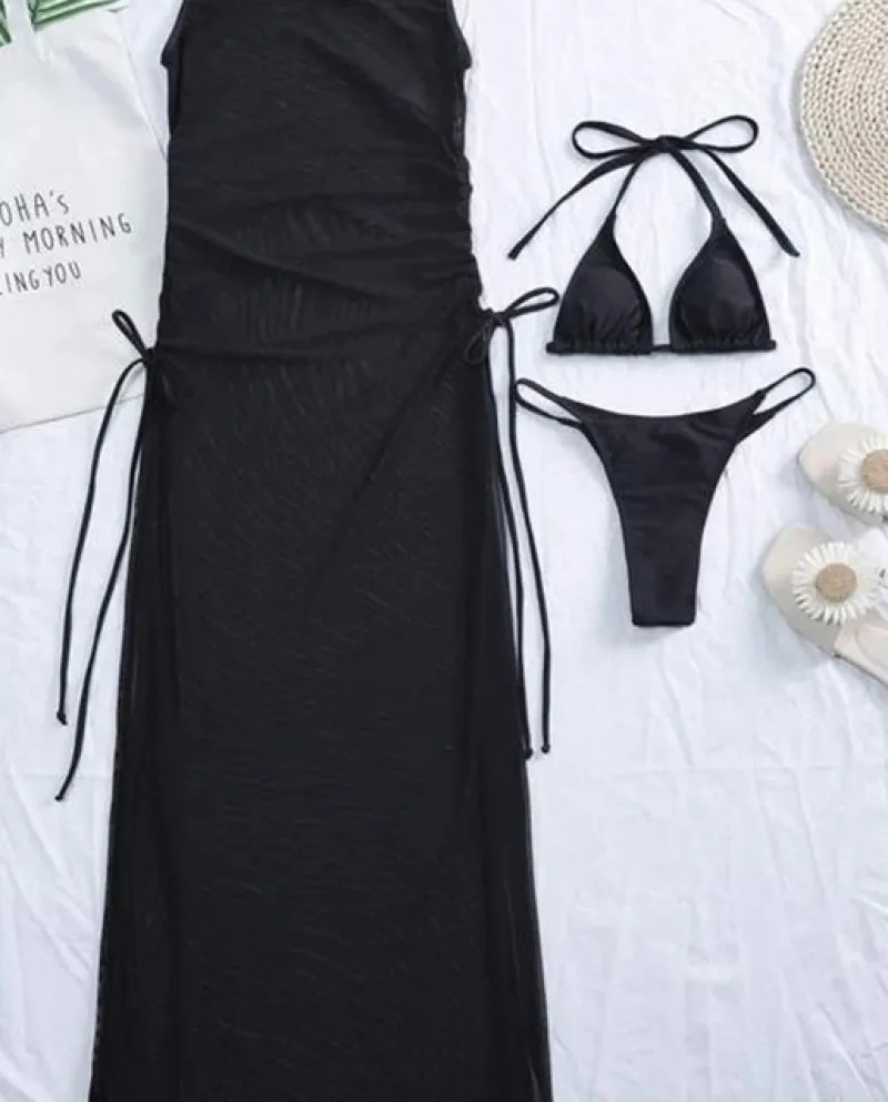 Copricostume da bagno femminile da 3 pezzi nero con collo alto per donna