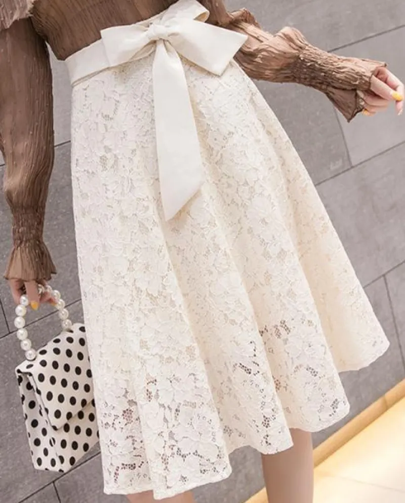 Elagant Lady Big Bow Gonne al ginocchio a vita alta Abiti estivi da donna New Oversize Fashion A Line Solid Hollow Out Lace Ski