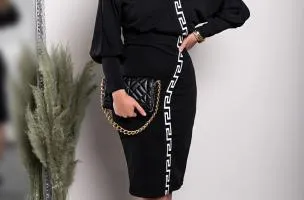 Elegante abito midi con stampa geometrica, nero