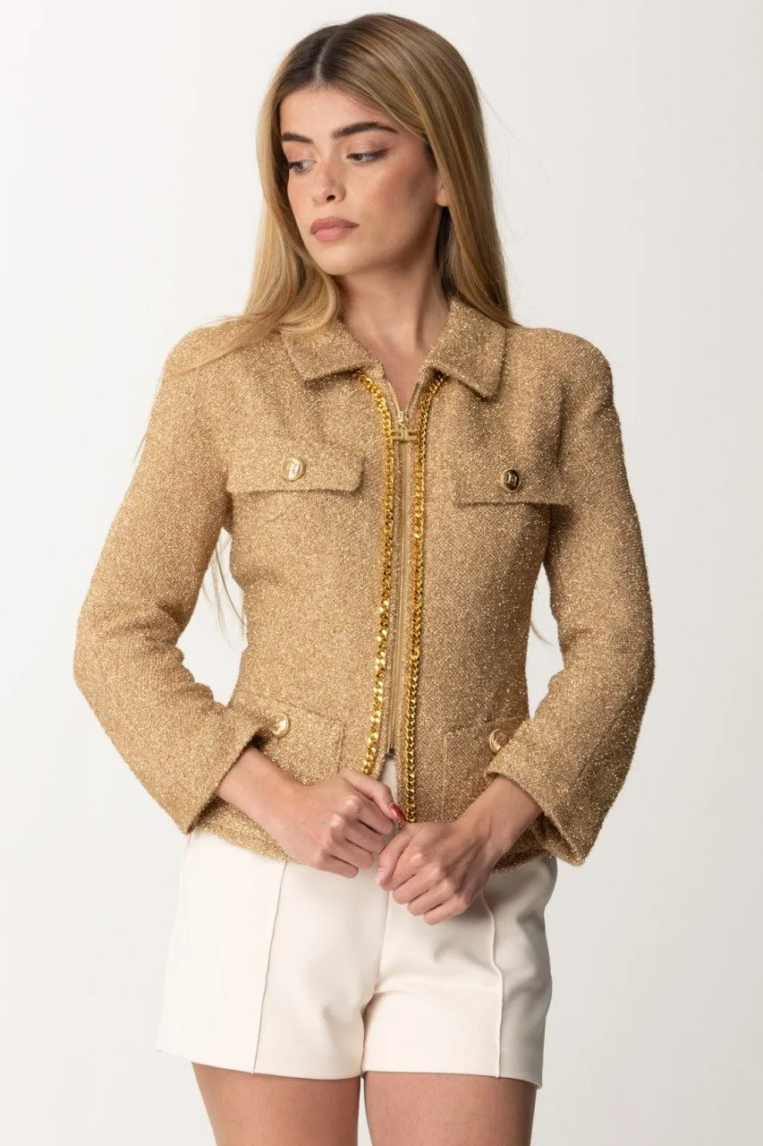 Giacca cropped in tweed lurex con catena Oro