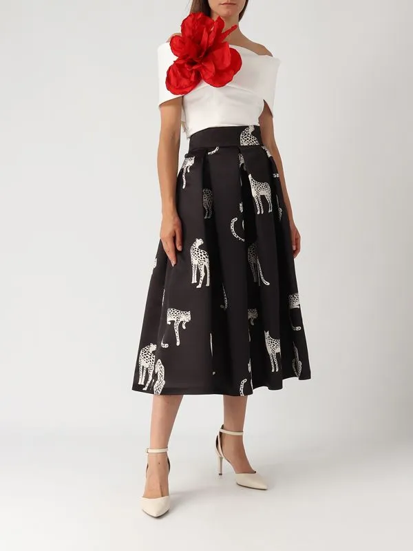 Gonna donna Giada Curti in tessuto duchesse animalier Nero