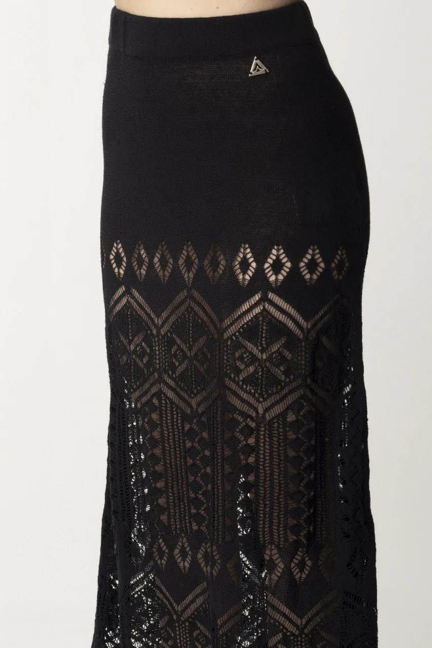 Gonna lunga in maglia di lino traforata Nero