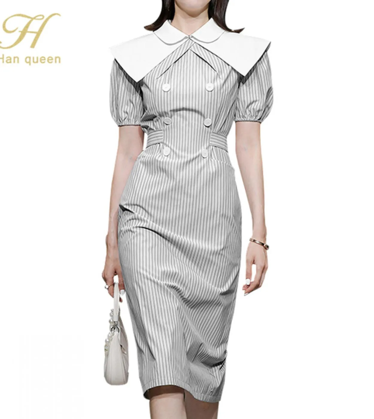H Han Queen Elegante abito a tubino a righe abbinate a colori Abiti estivi da donna a tubino a metà polpaccio Ol Office Party Ve