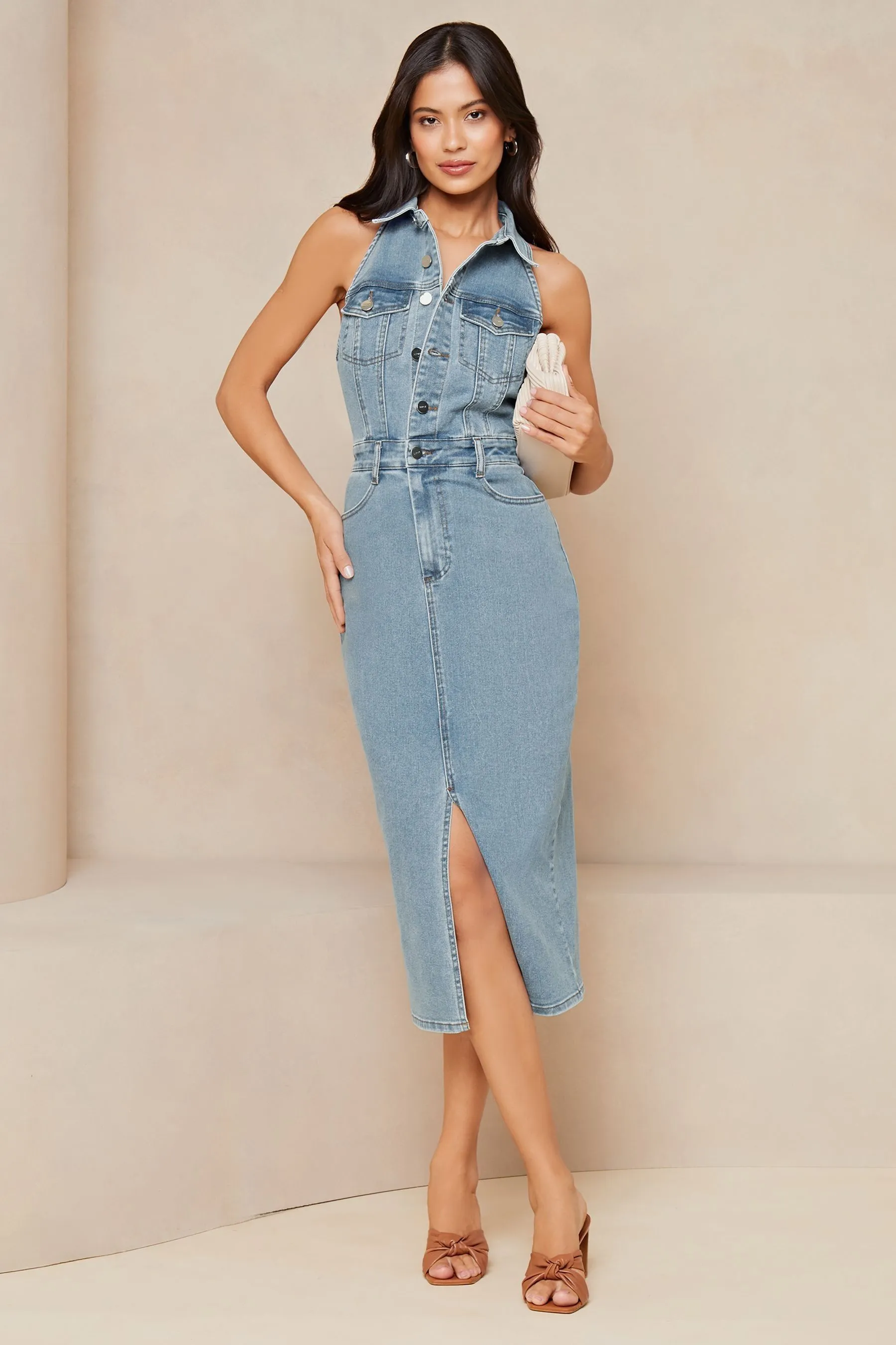 Lipsy Denim con scollo all'americana - Abito chemisier midi