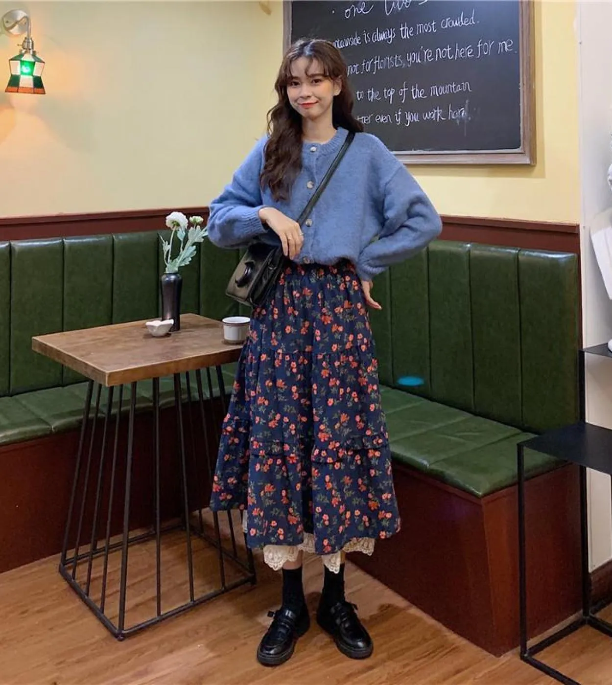 Moukyun Gonna Midi Floreale in Velluto a Coste Donna Gonne Floreali Marrone Blu Navy Gonne Lunghe Eleganti Vintage con Volant in