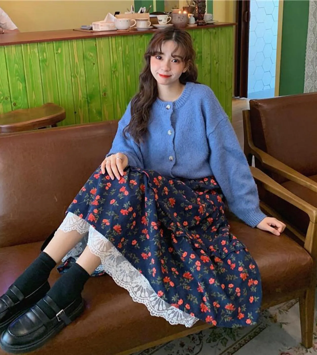 Moukyun Gonna Midi Floreale in Velluto a Coste Donna Gonne Floreali Marrone Blu Navy Gonne Lunghe Eleganti Vintage con Volant in