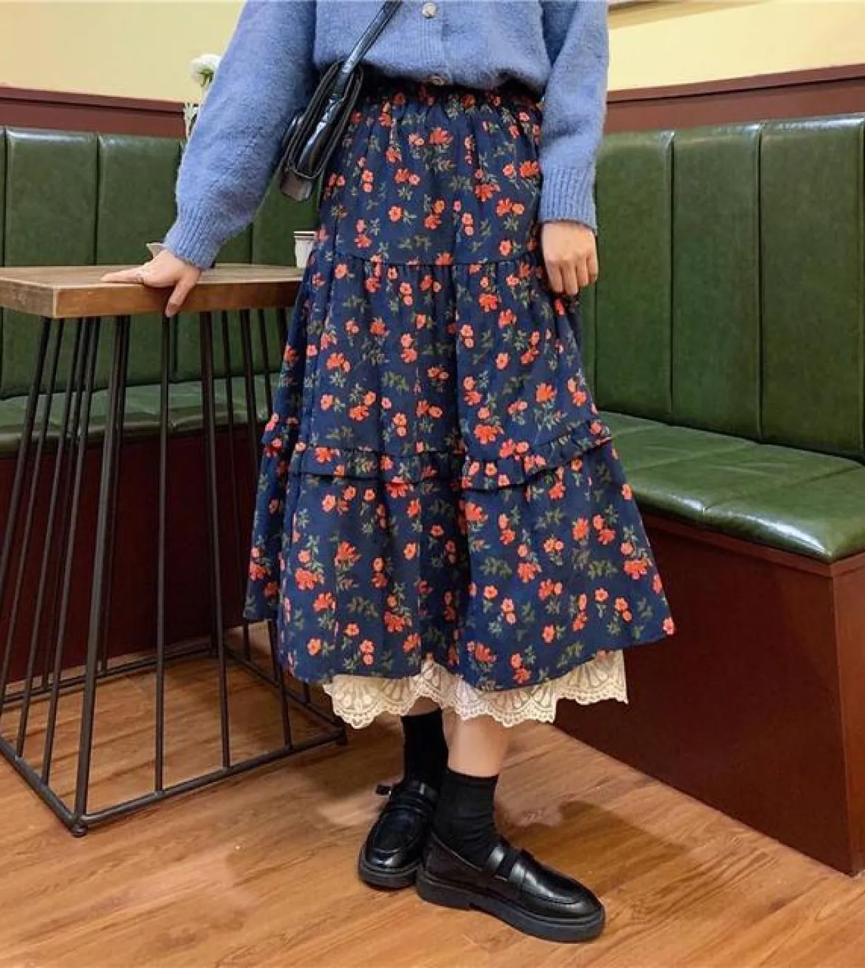 Moukyun Gonna Midi Floreale in Velluto a Coste Donna Gonne Floreali Marrone Blu Navy Gonne Lunghe Eleganti Vintage con Volant in