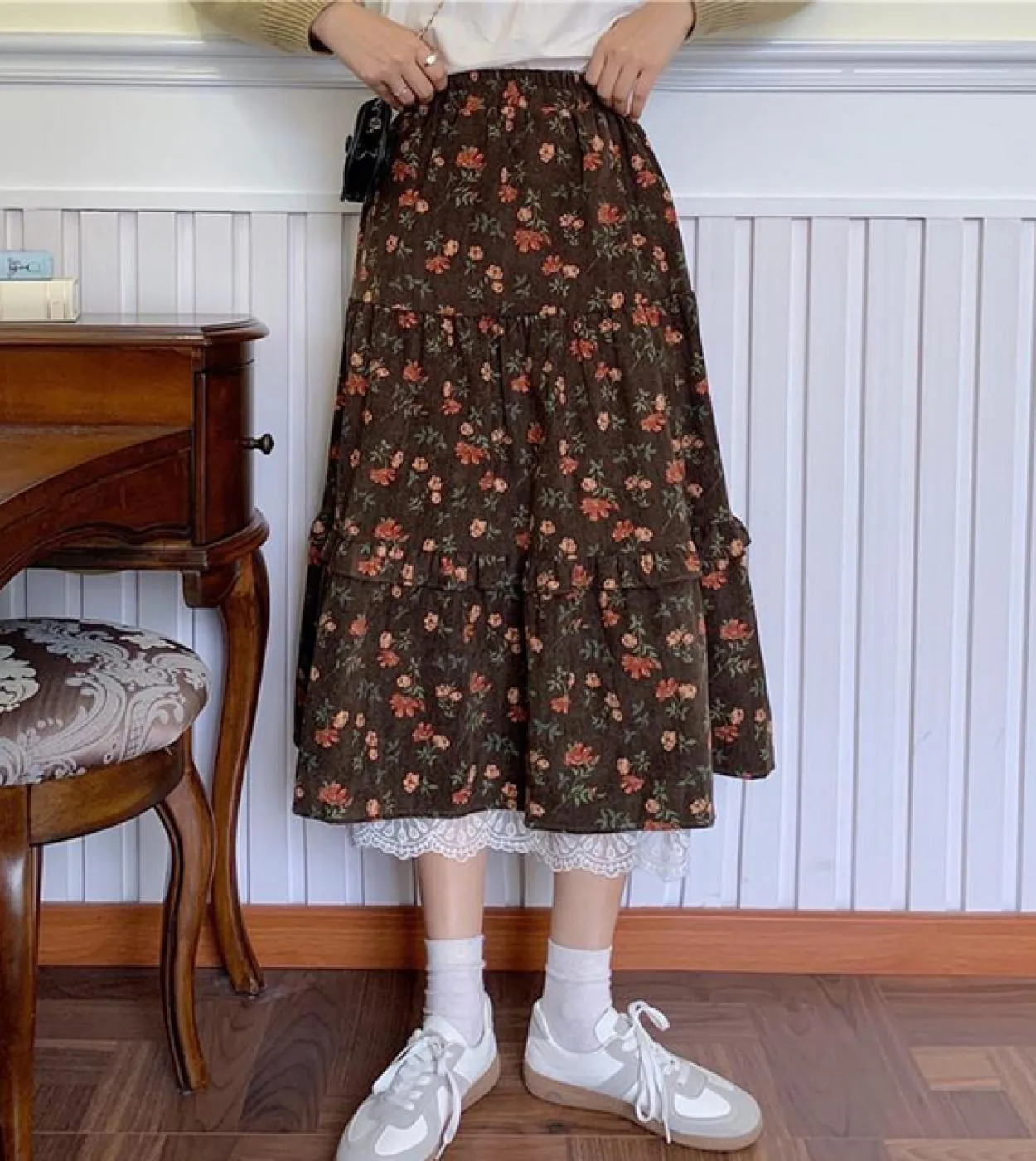 Moukyun Gonna Midi Floreale in Velluto a Coste Donna Gonne Floreali Marrone Blu Navy Gonne Lunghe Eleganti Vintage con Volant in