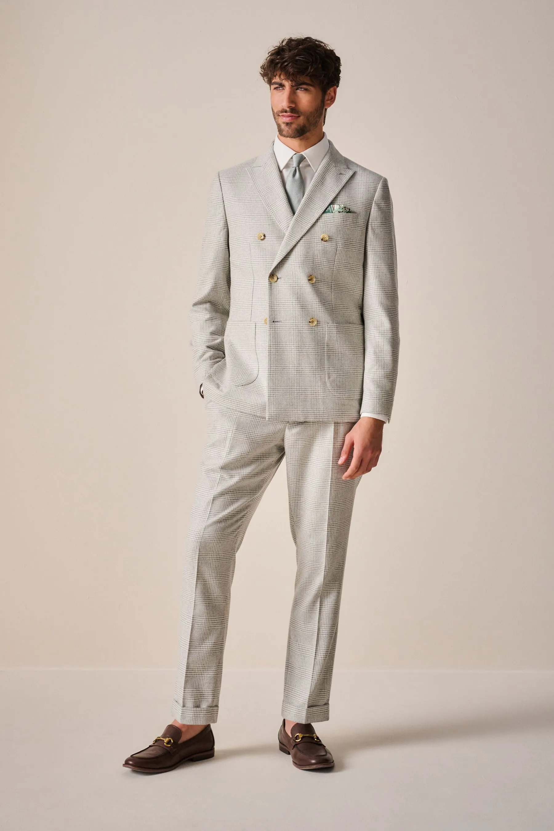Naturale  - Vestibilità attillata / Slim - Pantaloni da completo in Blend A quadri lana italiana