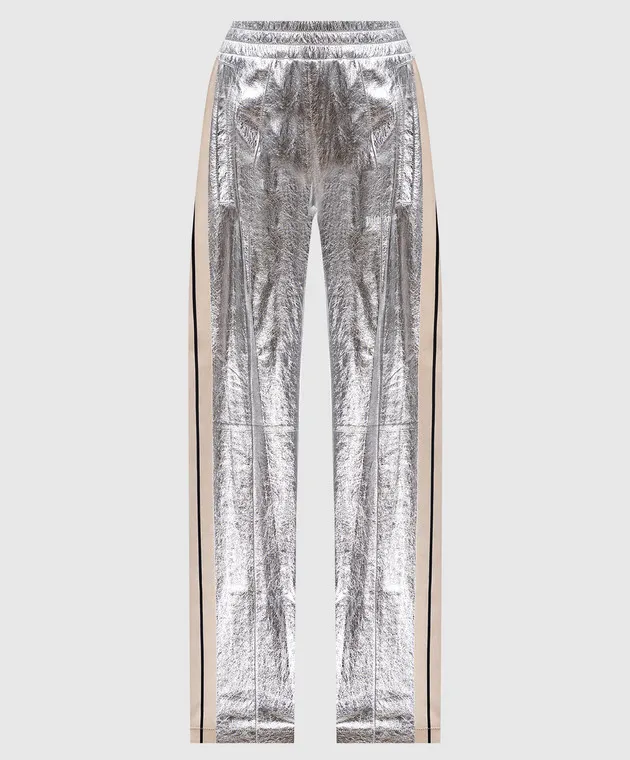 Palm Angels Pantaloni in pelle argento con righe PMJB016F24LEA001