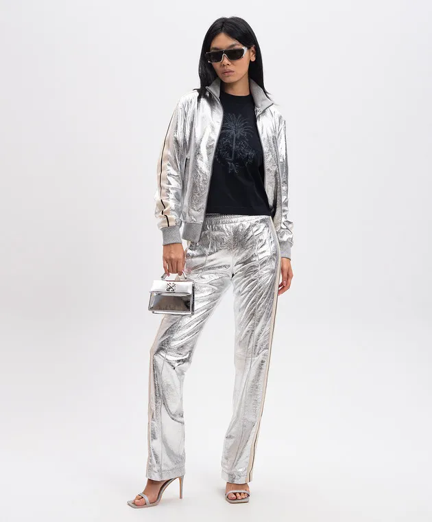 Palm Angels Pantaloni in pelle argento con righe PMJB016F24LEA001