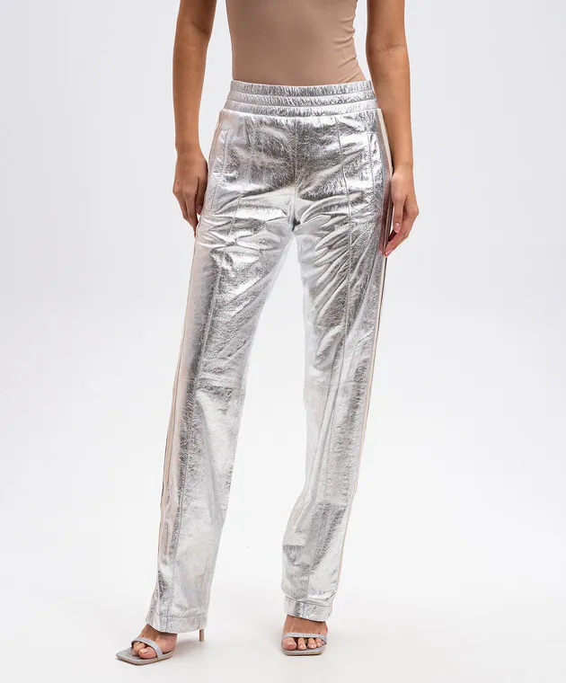 Palm Angels Pantaloni in pelle argento con righe PMJB016F24LEA001