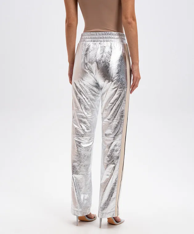 Palm Angels Pantaloni in pelle argento con righe PMJB016F24LEA001