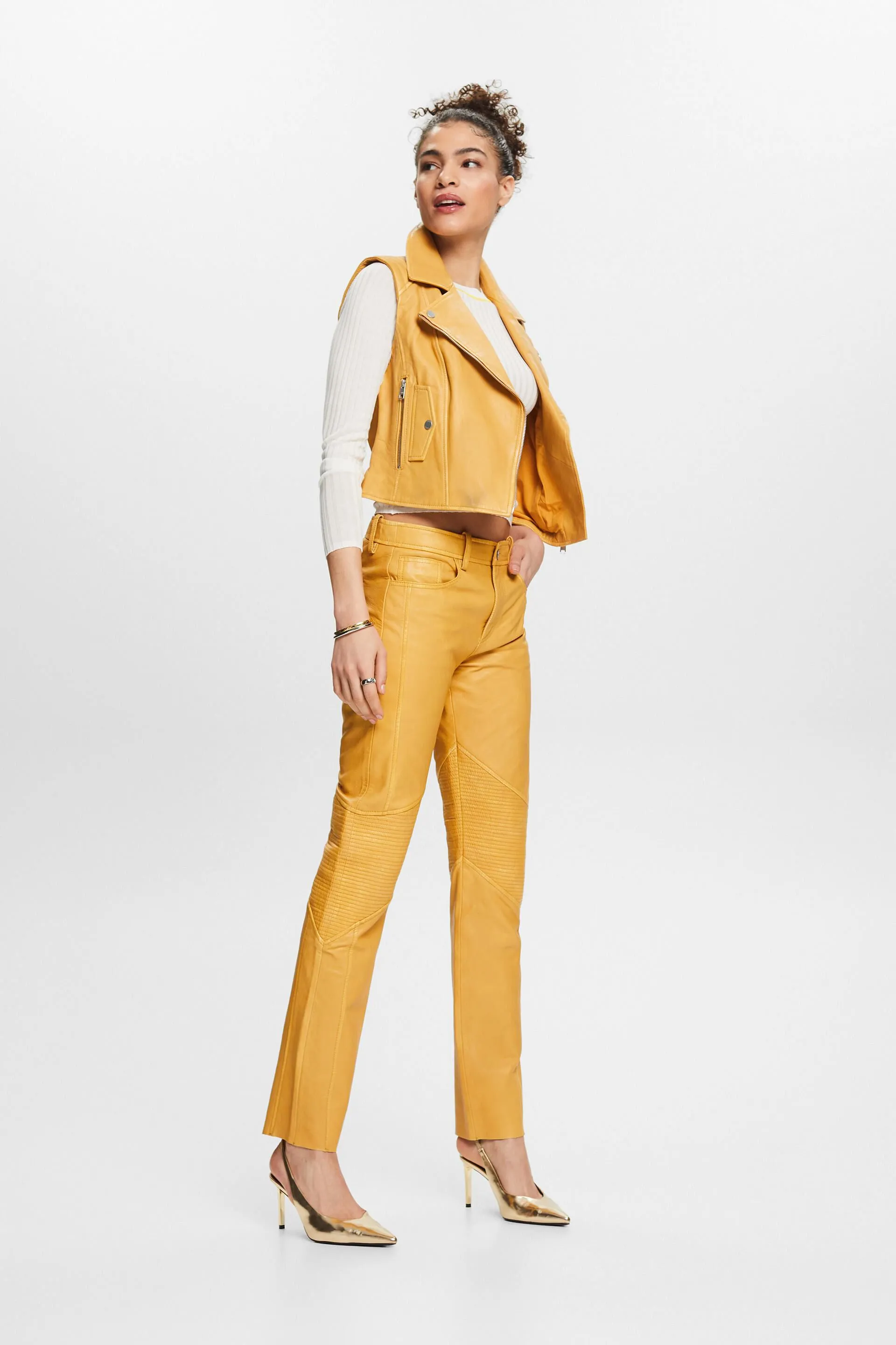 Pantaloni in pelle a vita media, straight fit