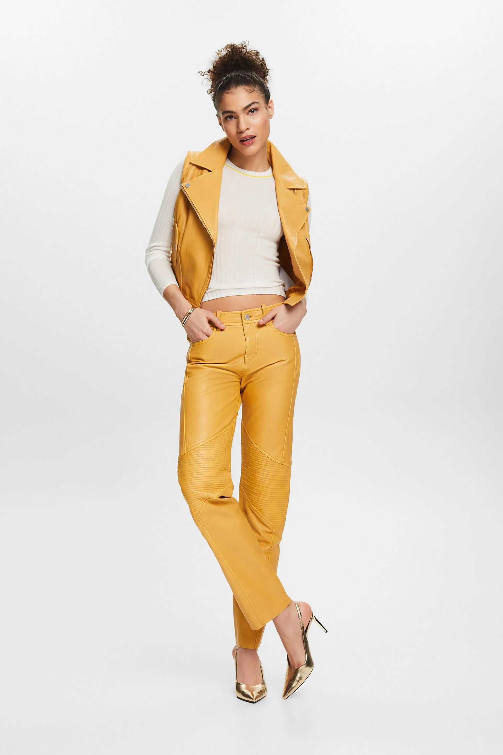 Pantaloni in pelle a vita media, straight fit