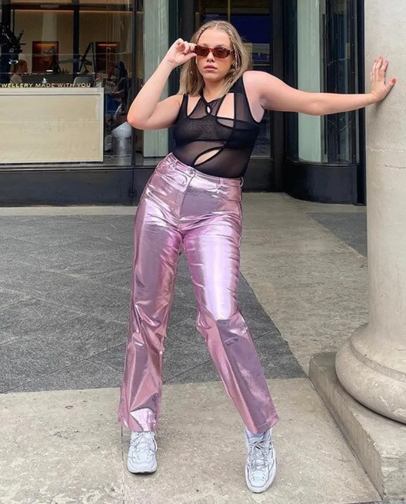 Pantaloni in pelle con doratura lucida Pantaloni da donna a vita alta con bottoni dritti Moda casual Streetwear  Abbigliament