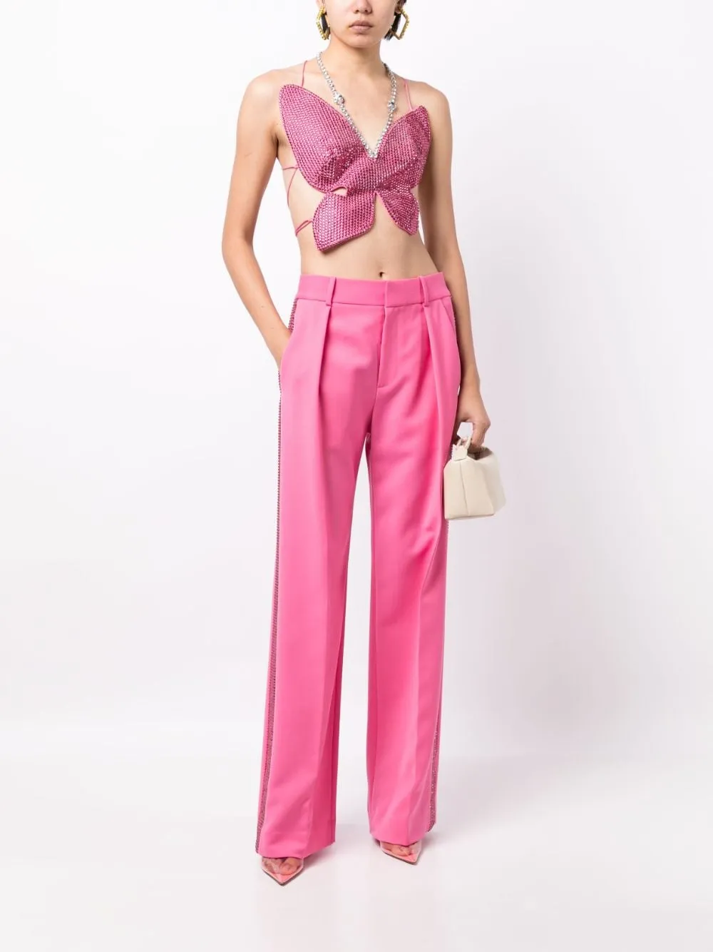 Pantaloni palazzo con decorazione in rosa - donna