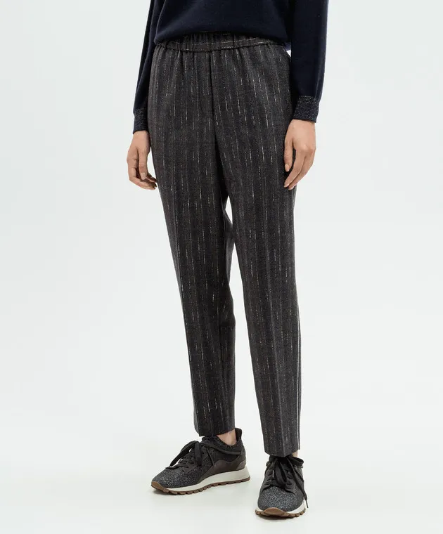 Peserico Pantaloni in lana rigata grigia con catena monil A0457206458