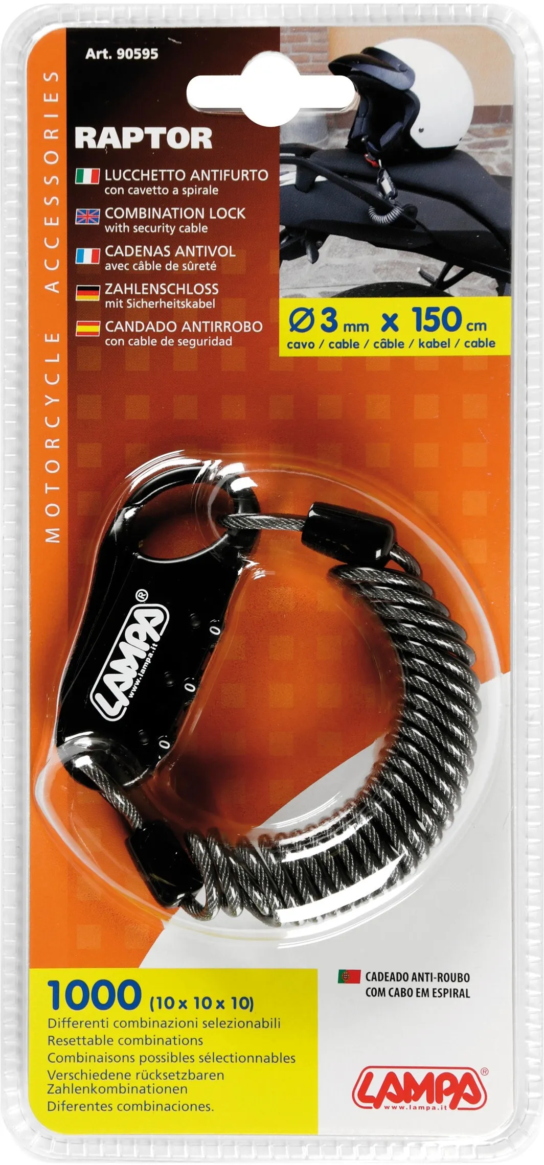 Raptor lucchetto antifurto per moto a combinazione con cavo a spirale - 150 cm