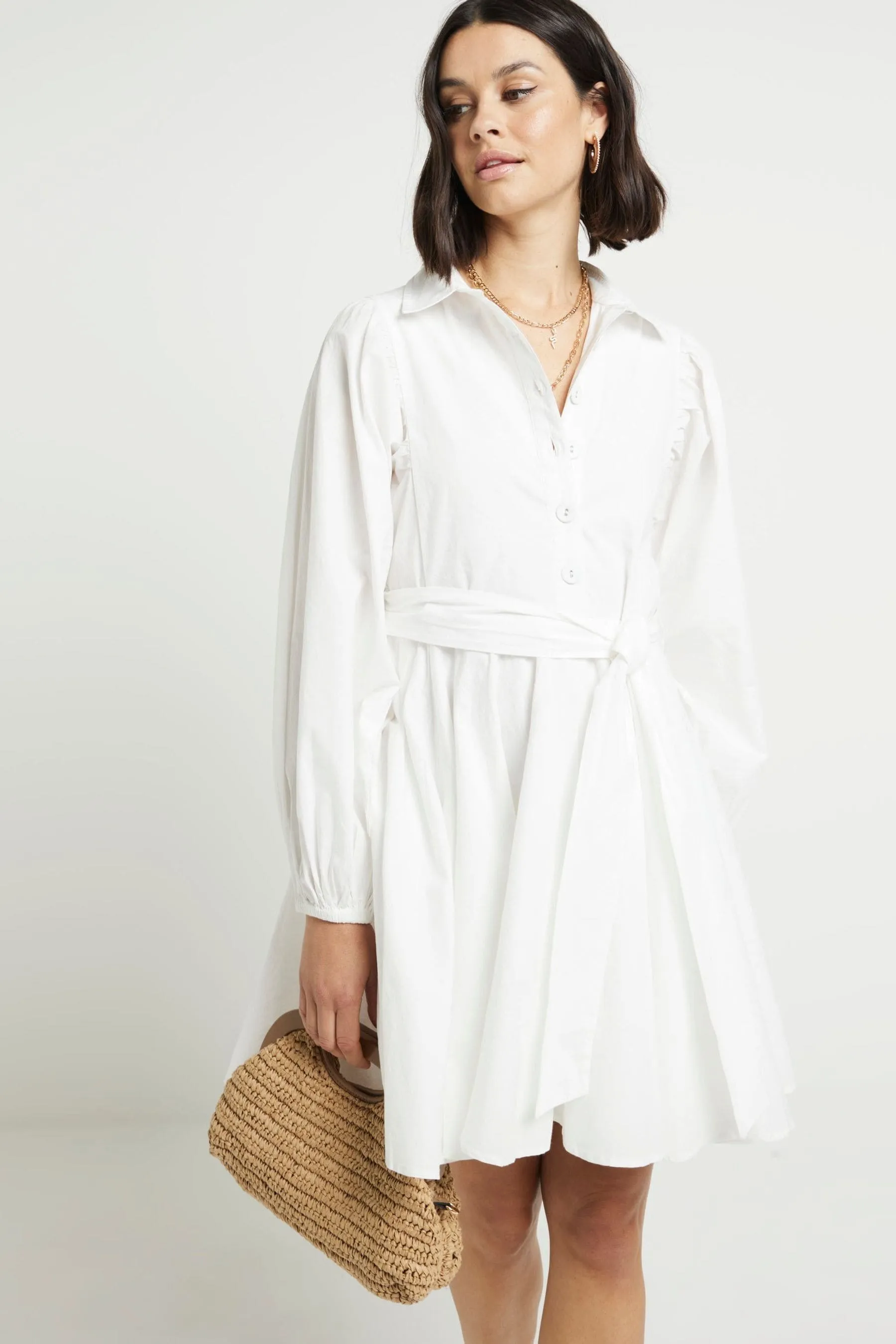 River Island - Abito chemisier corto in popeline con maniche a pipistrello
