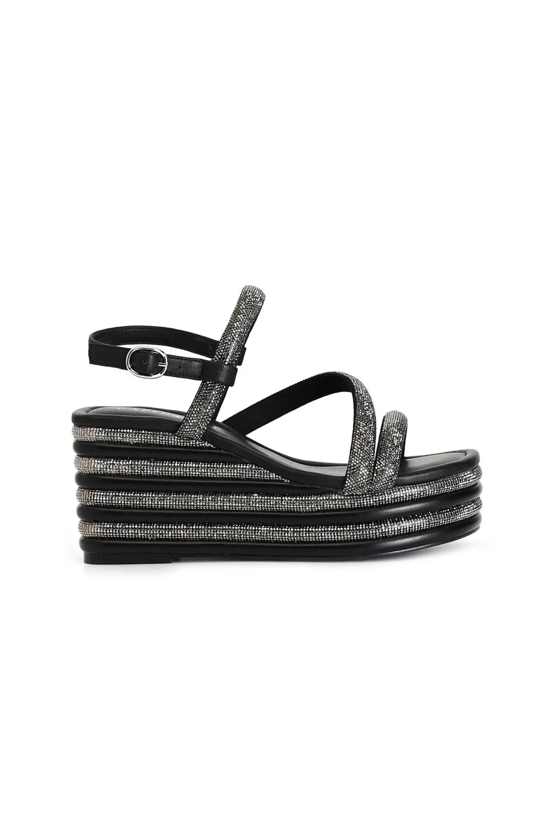 sandali strass con zeppa righe strass nero