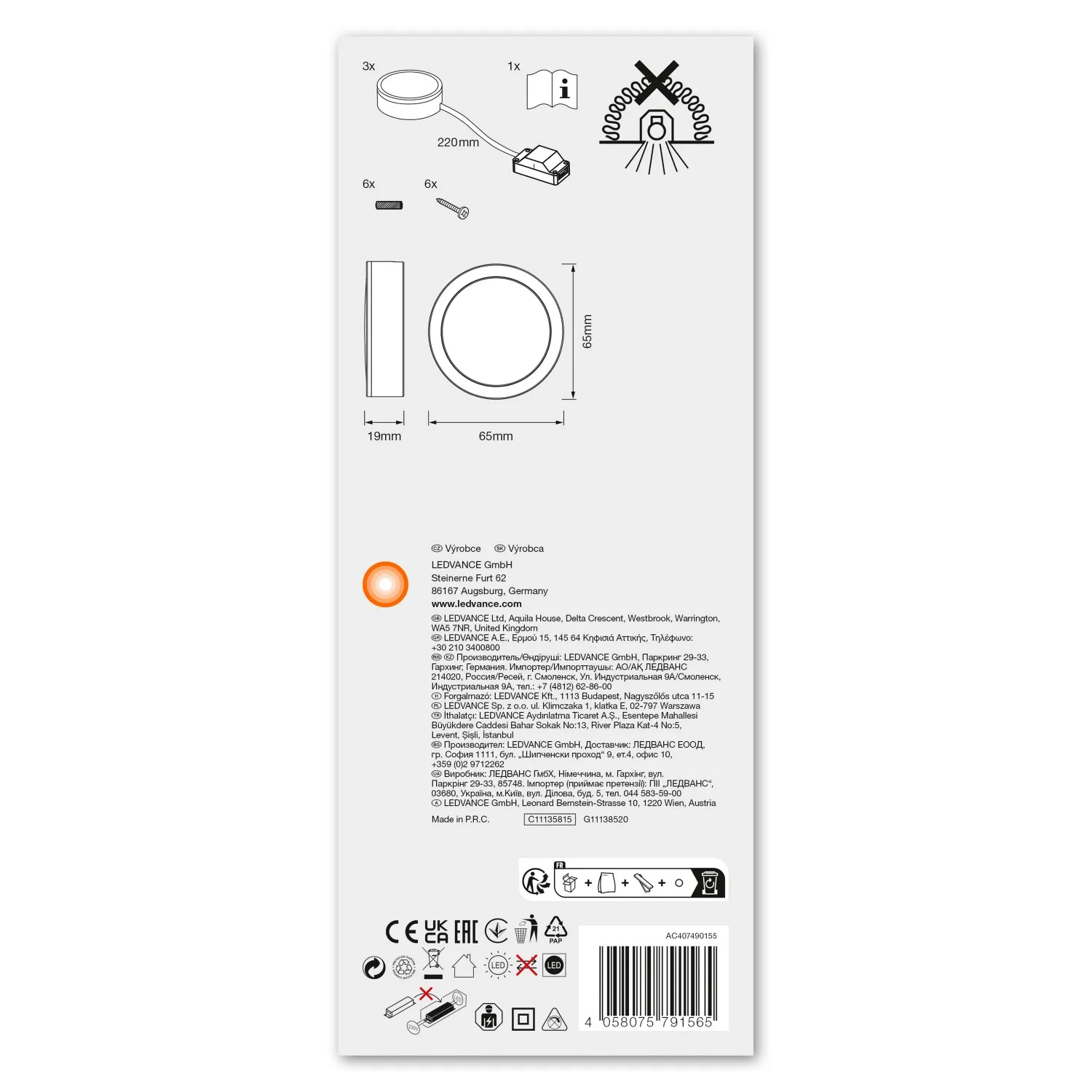 Sottopensile LED cucina Ledvance spot Puck Ø 65 mm 3x 3 W 330 lm 3000 K