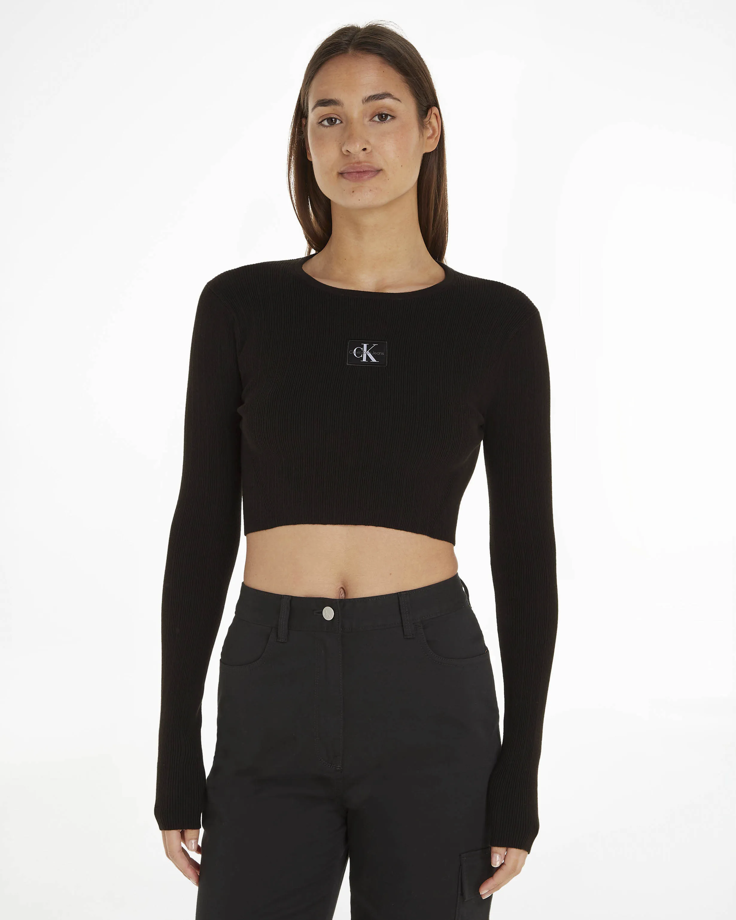 T-shirt cropped nera in cotone a costine con maniche lunghe