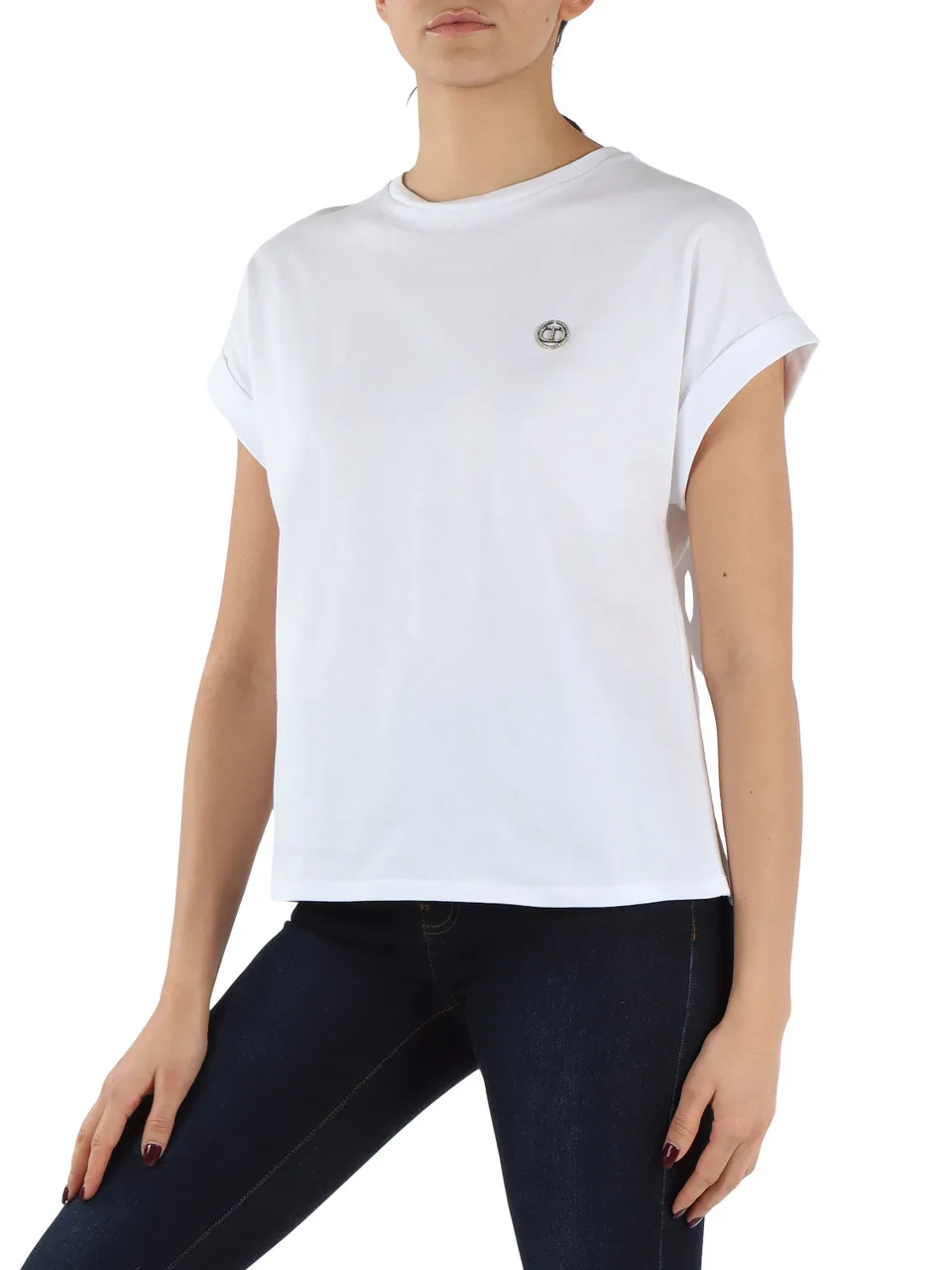 T-shirt in cotone con placca logo frontale