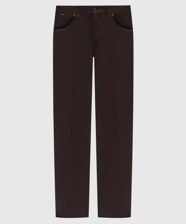 Tom Ford Pantaloni in lana marrone con patch logo in pelle SDL002FMN040F24