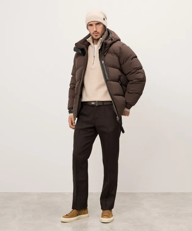 Tom Ford Pantaloni in lana marrone con patch logo in pelle SDL002FMN040F24