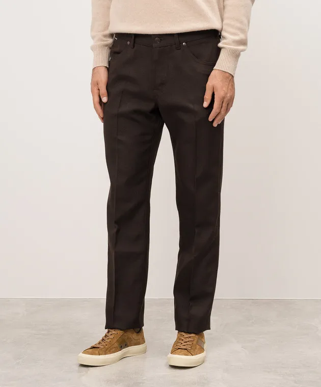 Tom Ford Pantaloni in lana marrone con patch logo in pelle SDL002FMN040F24