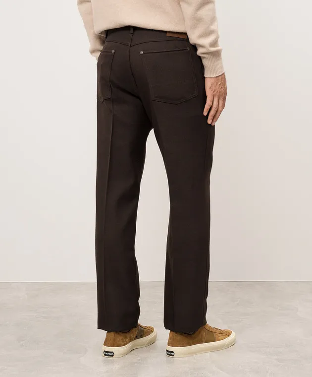 Tom Ford Pantaloni in lana marrone con patch logo in pelle SDL002FMN040F24