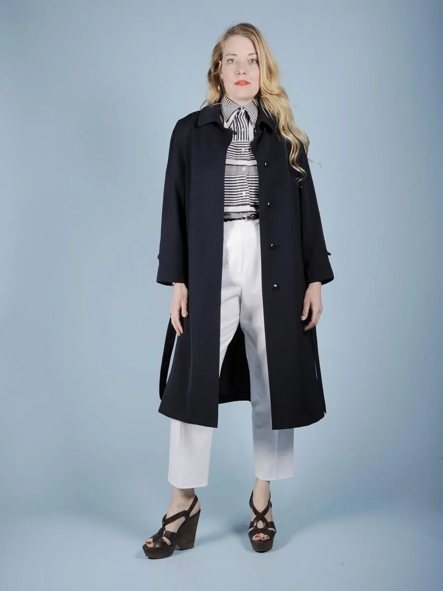 Trench blu scuro in misto lana con cintura