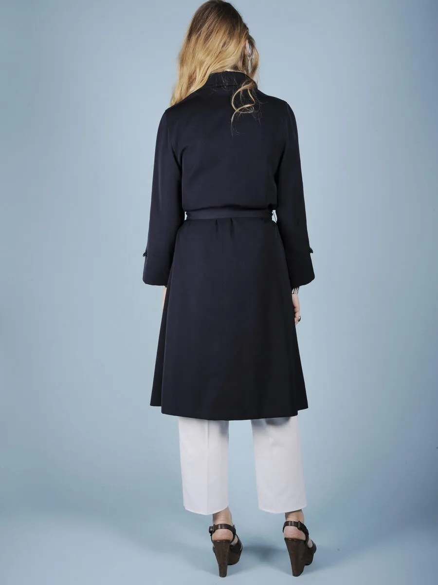 Trench blu scuro in misto lana con cintura