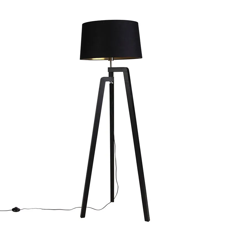 Tripode da terra con paralume in cotone nero con oro 50 cm - Puros